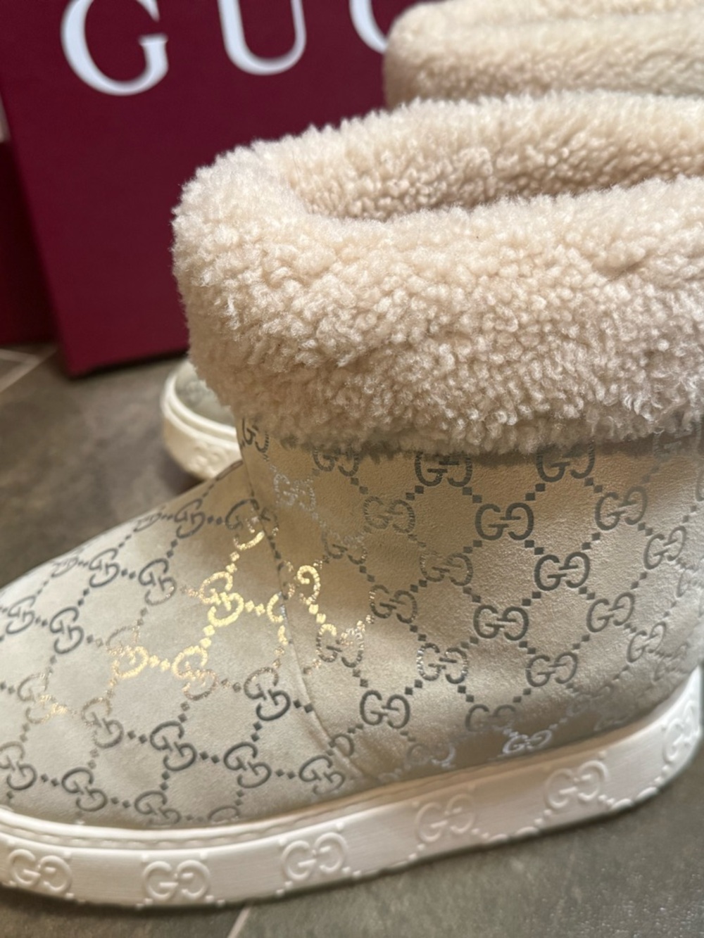 Gucci Cream GG Canvas Shearling Cuffed Ankle Boots - Picture 4 of 8